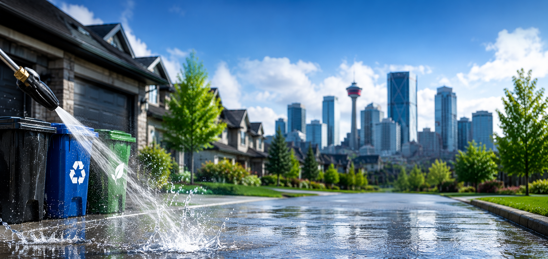 Professional bin pressure washing at a Northwest Calgary curb